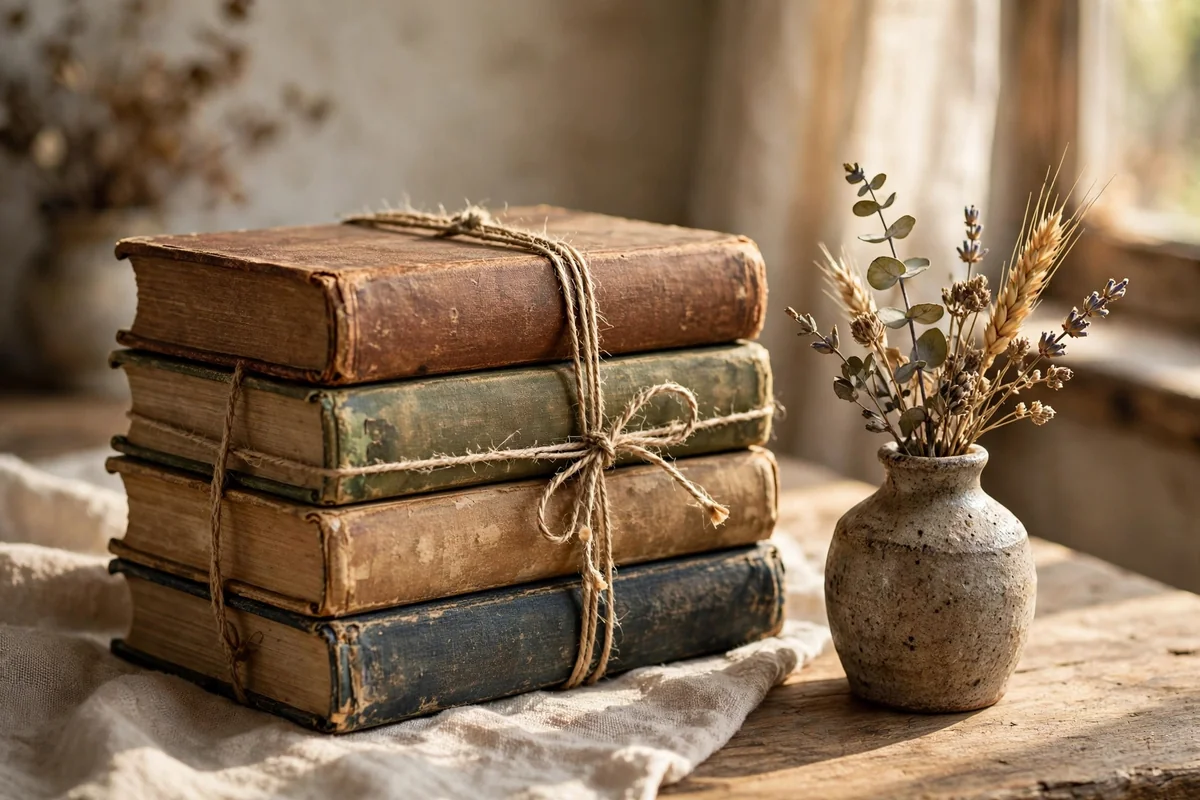 Vintage books tied with twine beside a stoneware vase