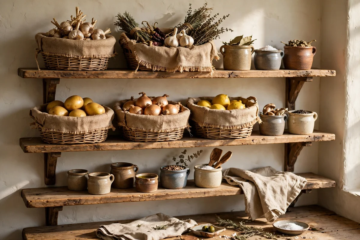 Kitchen shelves with burlap lined baskets and stoneware crocks