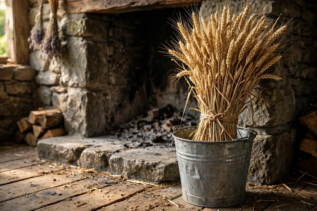 Wheat sheaf bundle in a galvanised bucket by the hearth
