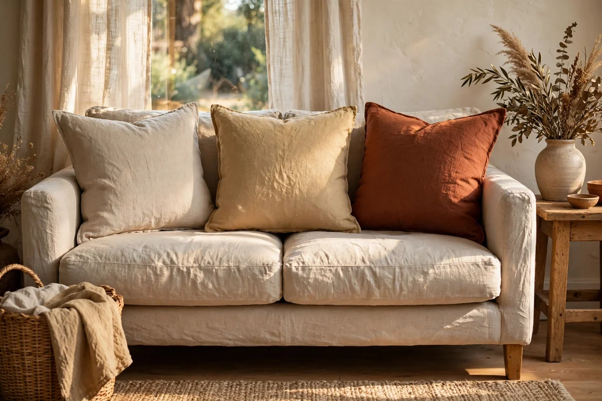 Sofa with natural linen cushions in oatmeal and rust