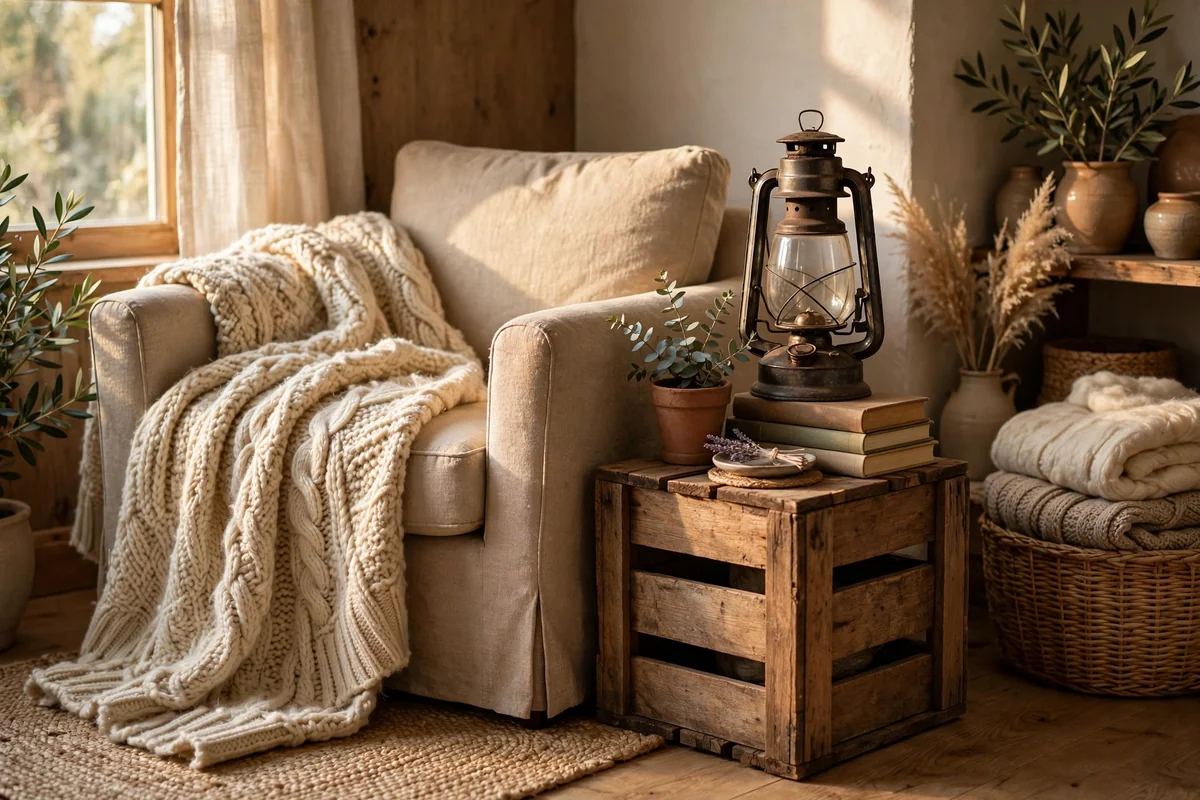Reading corner with crate side table and wool throw