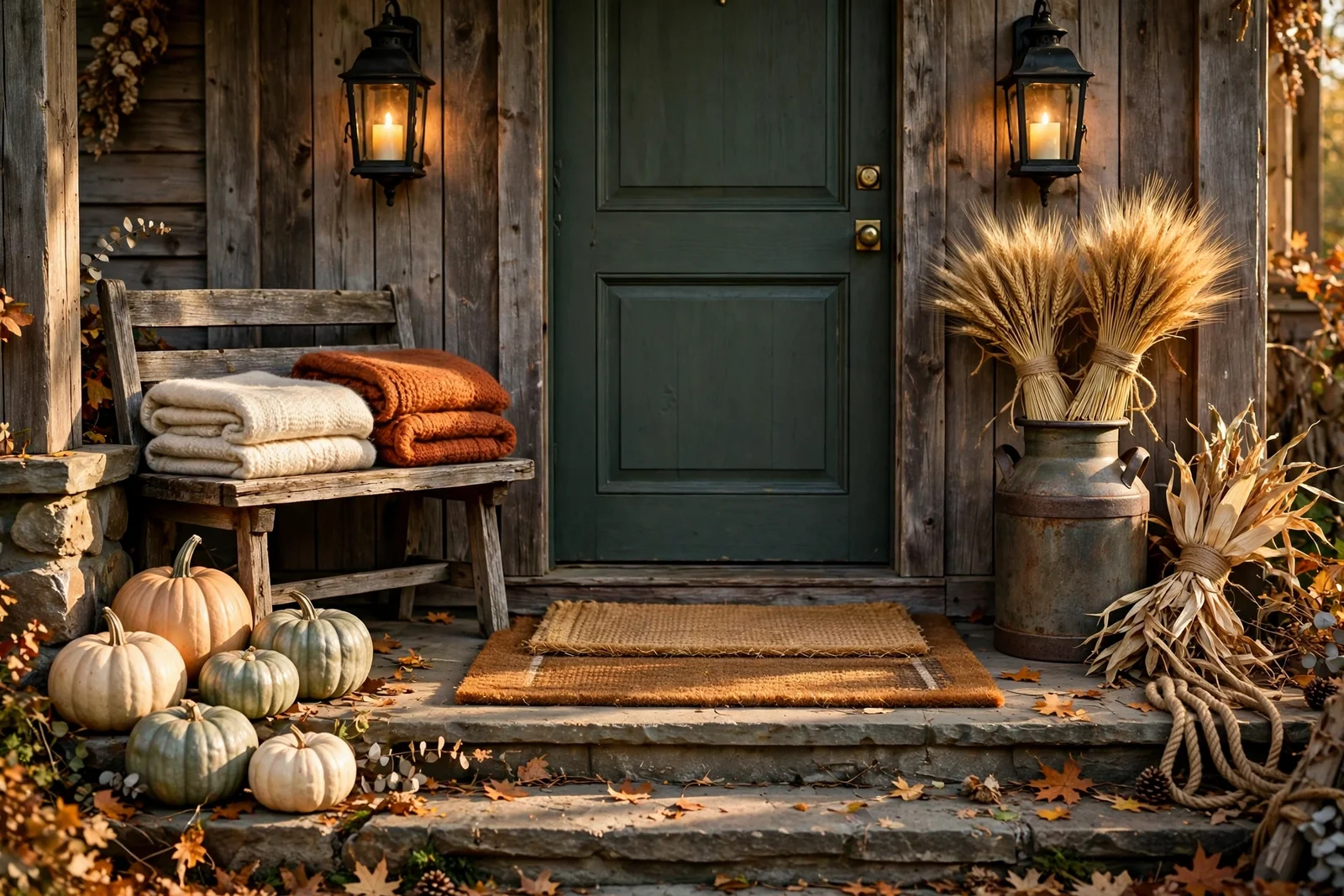 Rustic fall porch with weathered wood bench, iron lanterns and harvest pumpkins by the front door