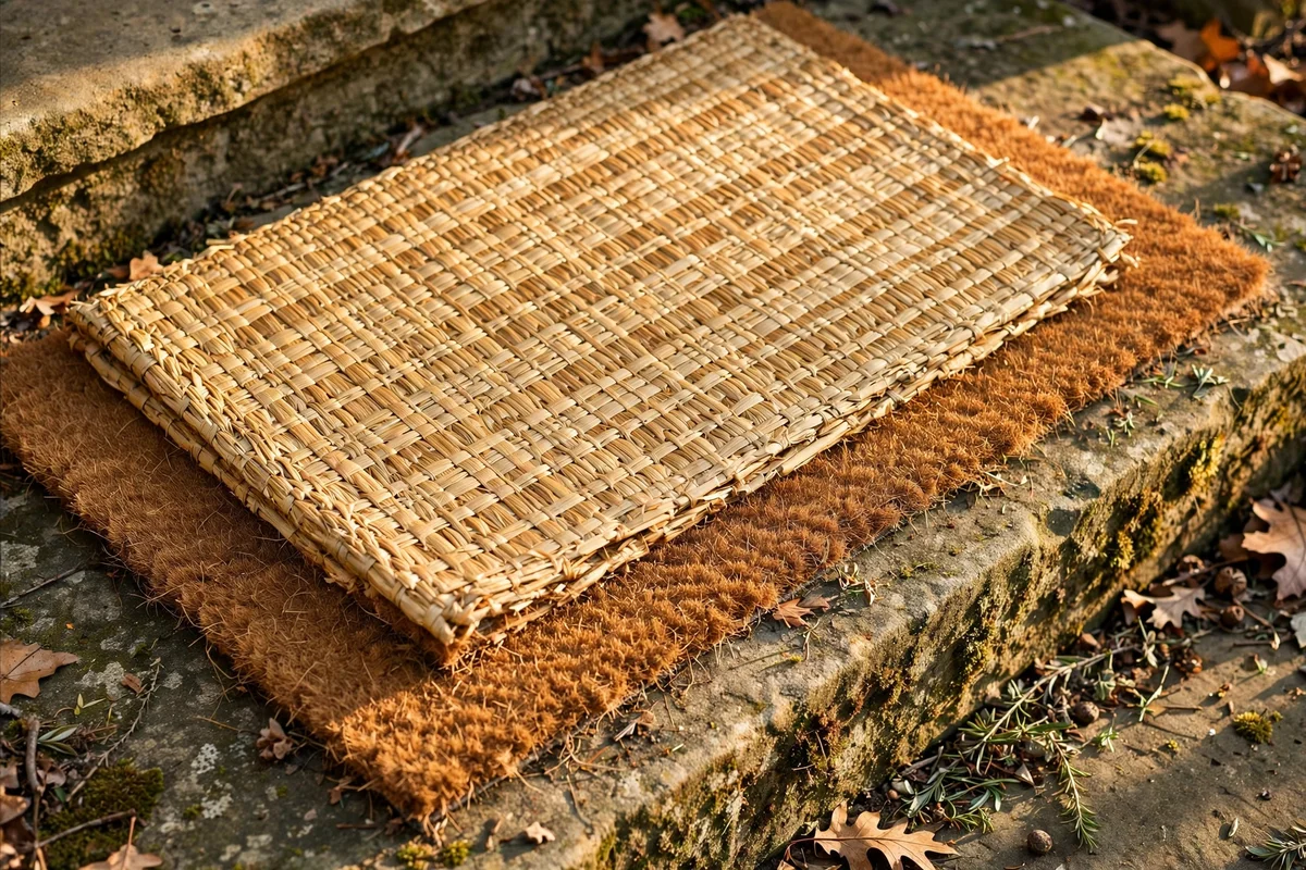 Layered straw mat over a coir doormat at a rustic front door step