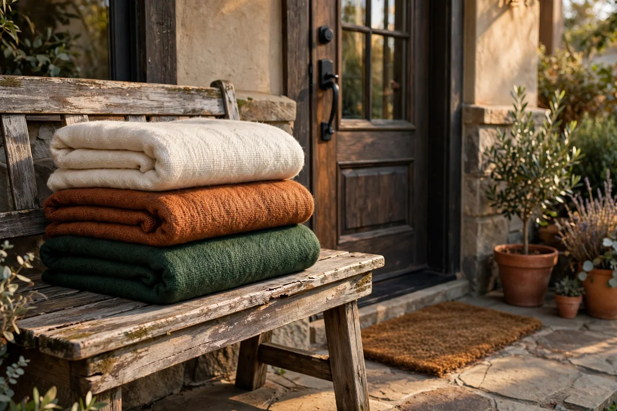 Weathered wood bench styled with folded wool blankets on a fall porch