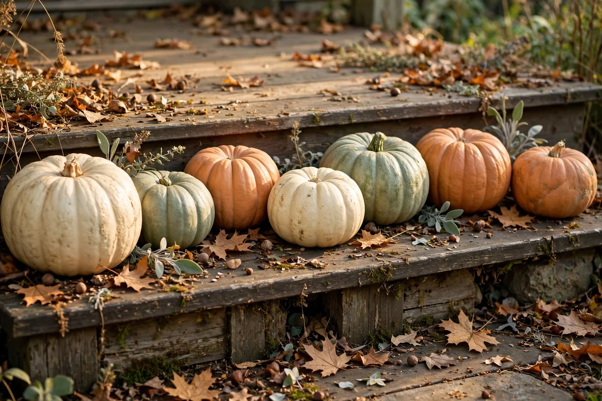 Group of cream, sage and muted orange pumpkins along a porch step