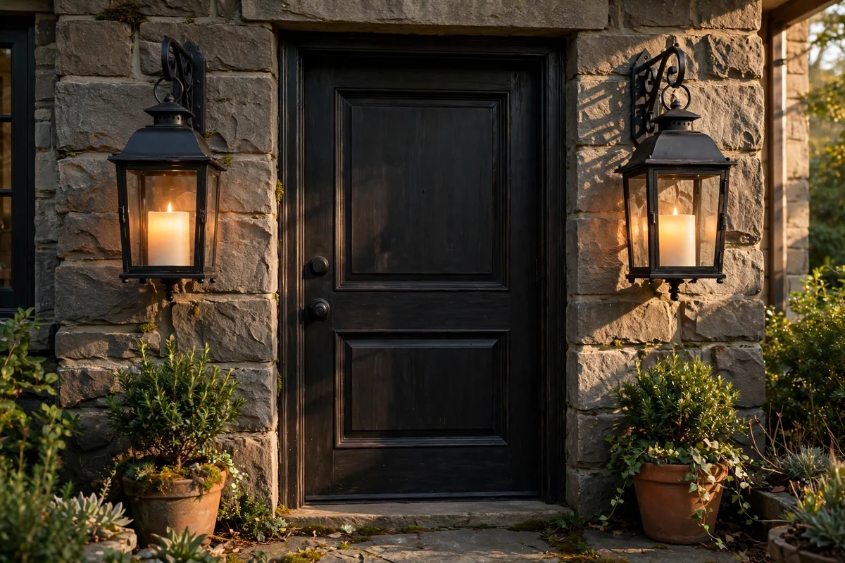Two black iron lanterns with LED candles on each side of the door