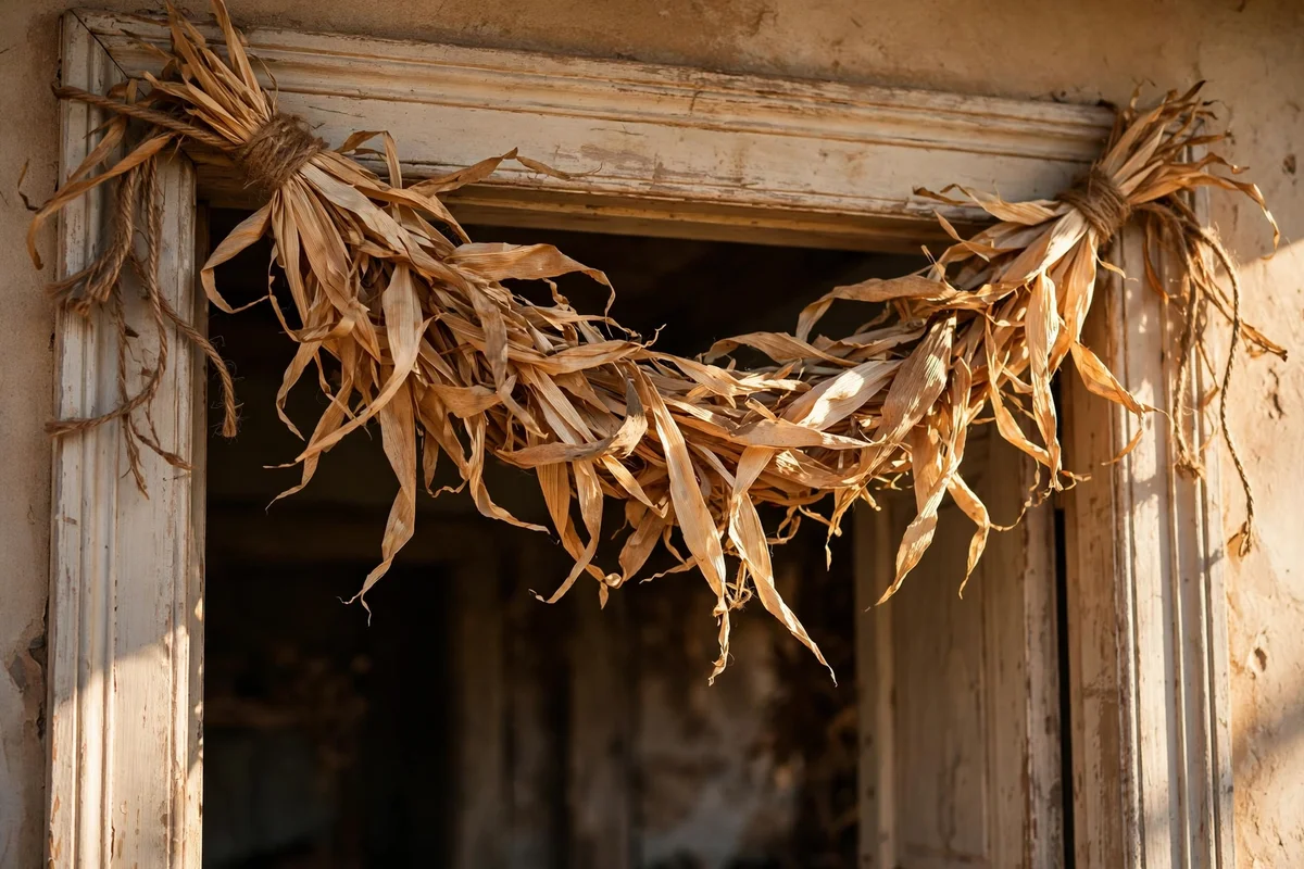 Dried corn husk swag tied with jute twine over a door frame