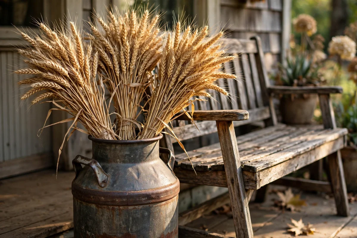 Dried wheat sheaves arranged in a vintage iron milk can