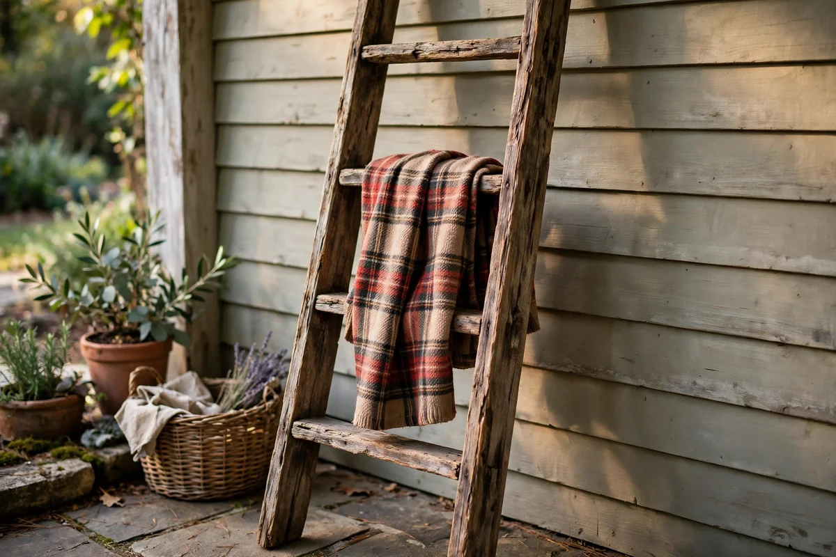 Reclaimed wood ladder with a draped plaid throw on the porch