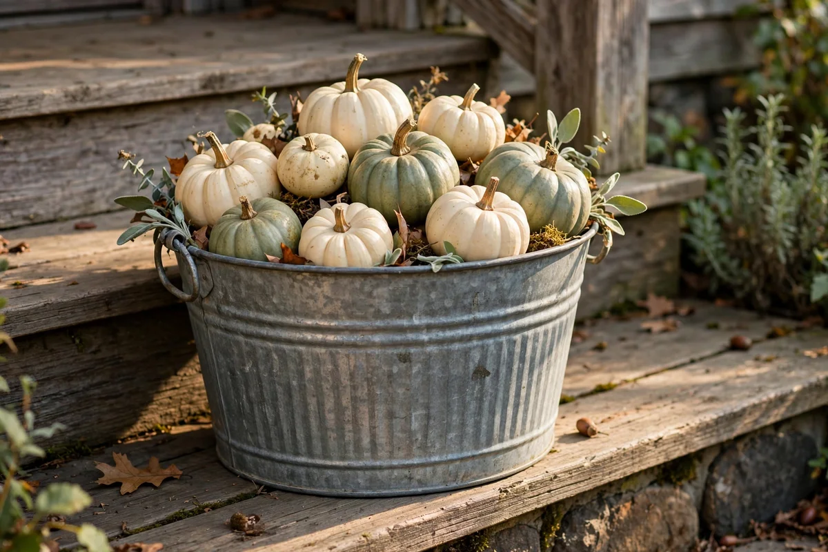 Galvanised bucket filled with cream and sage pumpkins