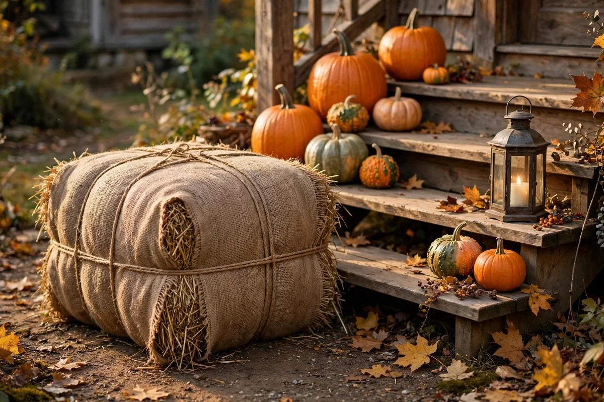 Straw bale display platform beside the porch steps