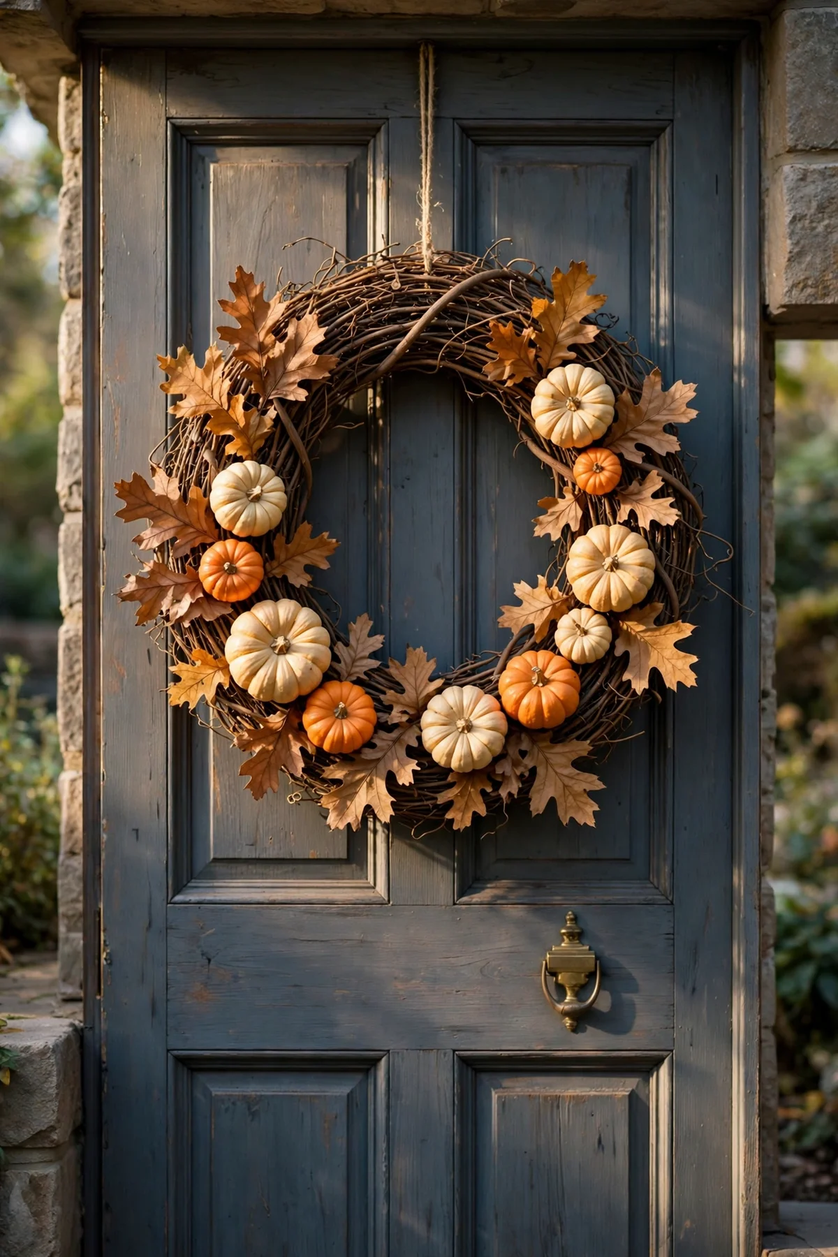 Grapevine wreath with mini pumpkins and dried leaves on the door
