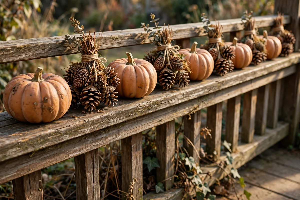 Small muted orange pumpkins lined along a porch rail