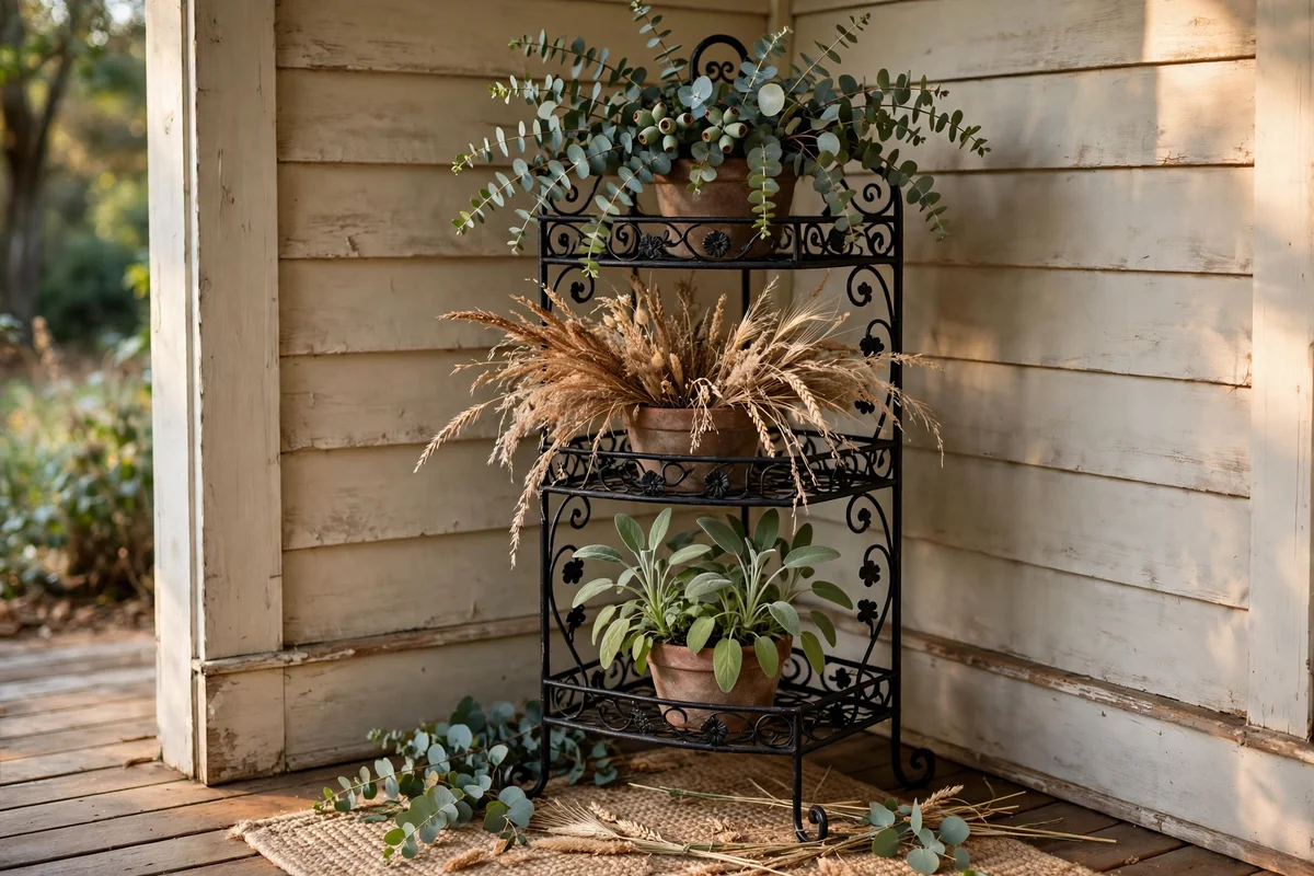 Black iron plant stand with harvest greenery in the porch corner