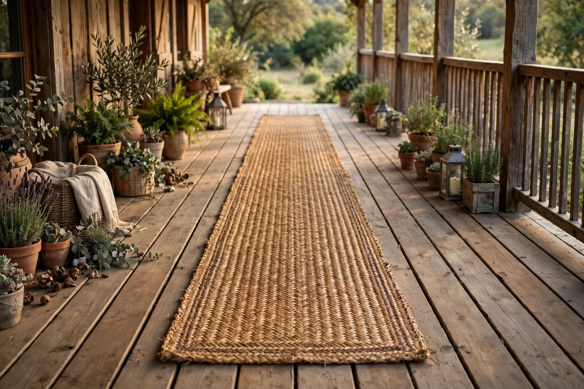 Woven straw runner running down the centre of the porch