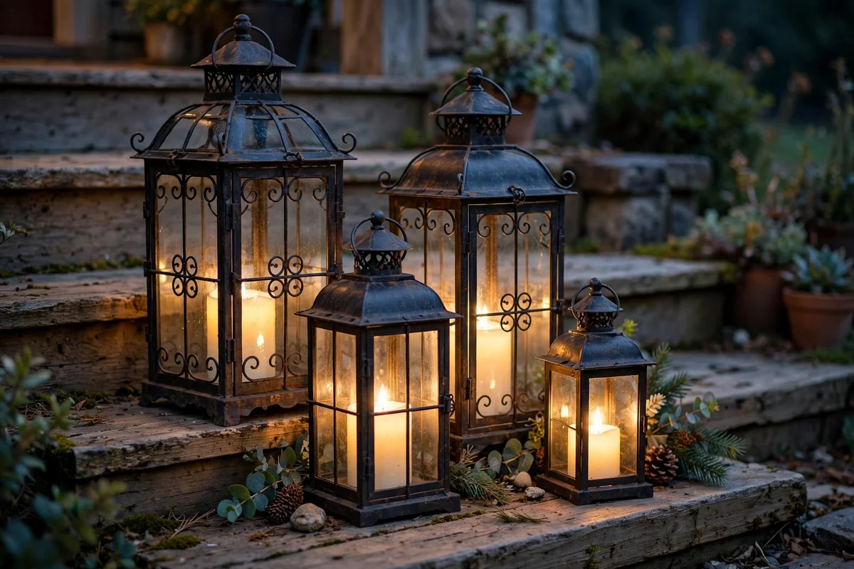 Graduated LED lanterns glowing on the porch steps