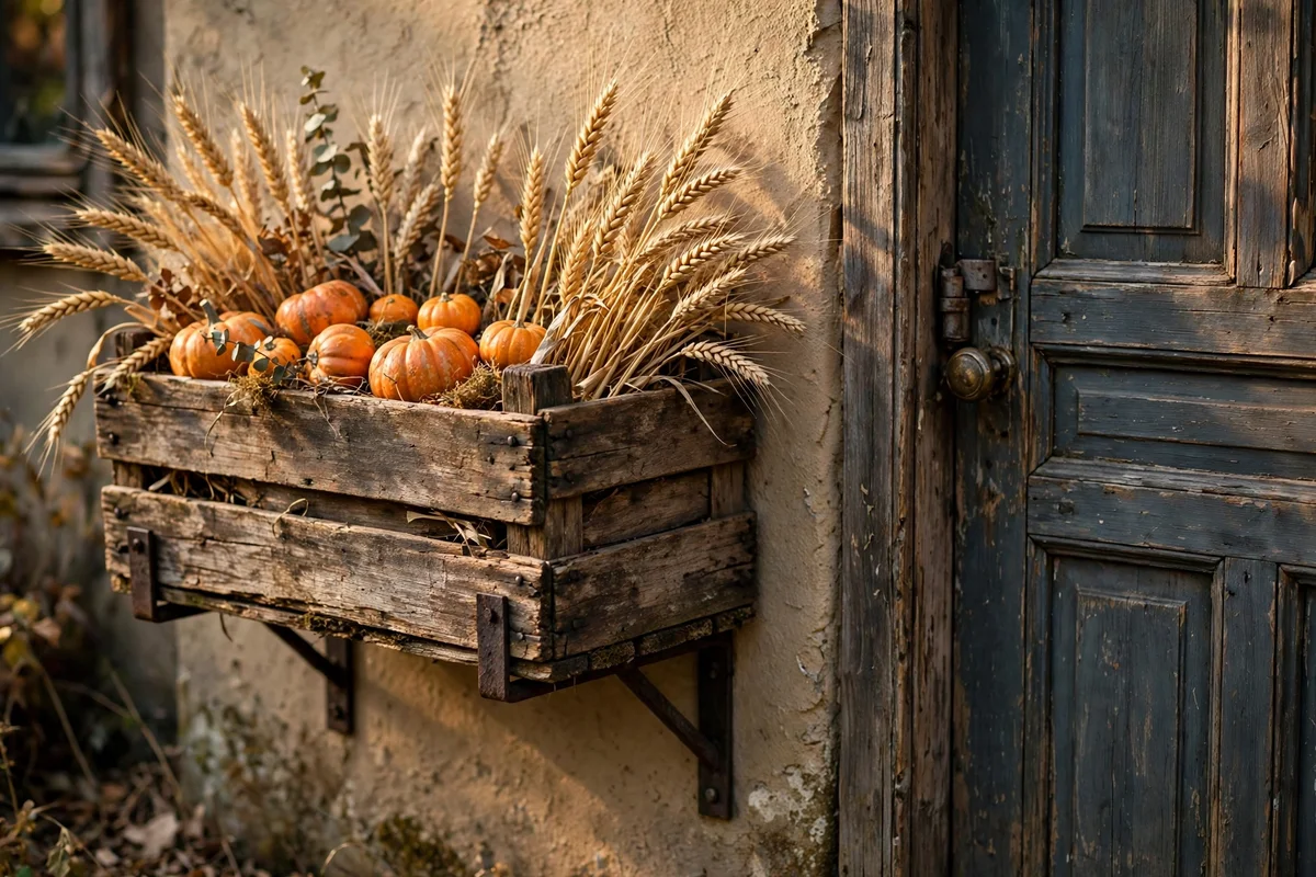 Weathered wooden crate planter box beside the front door