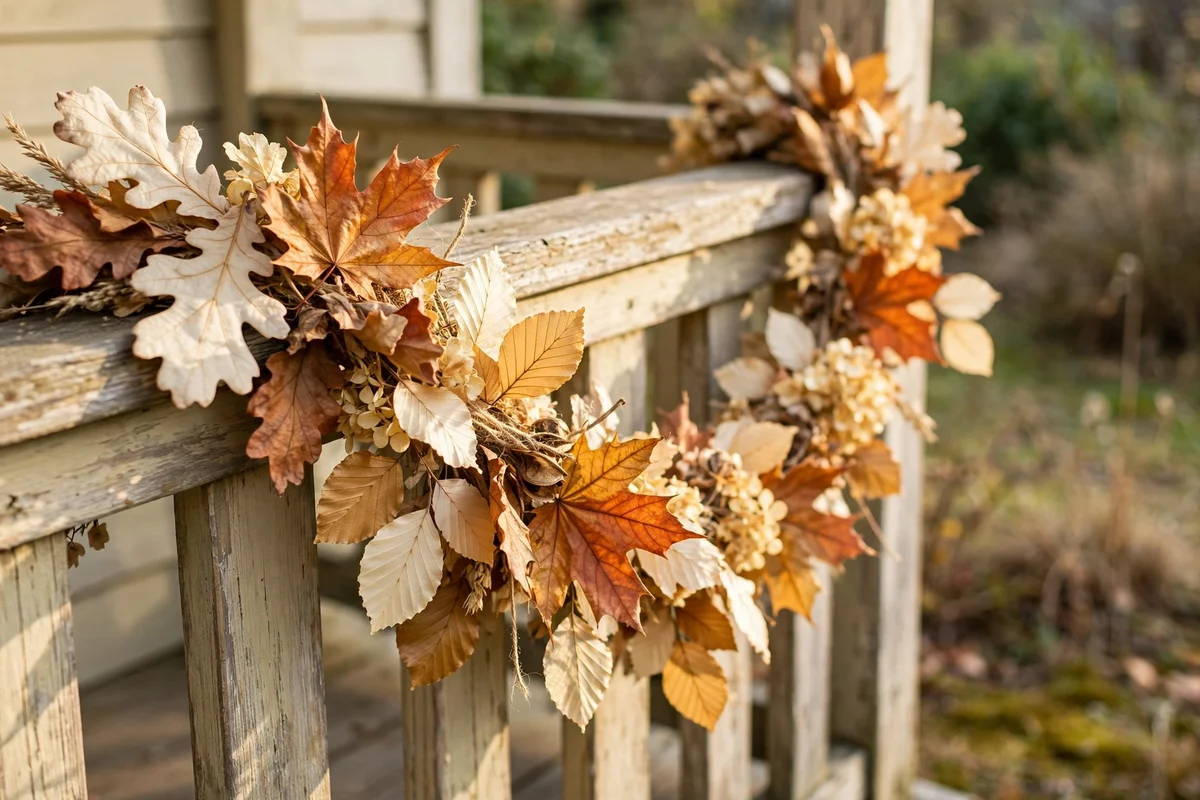 Dried leaf harvest garland draped along the porch rail