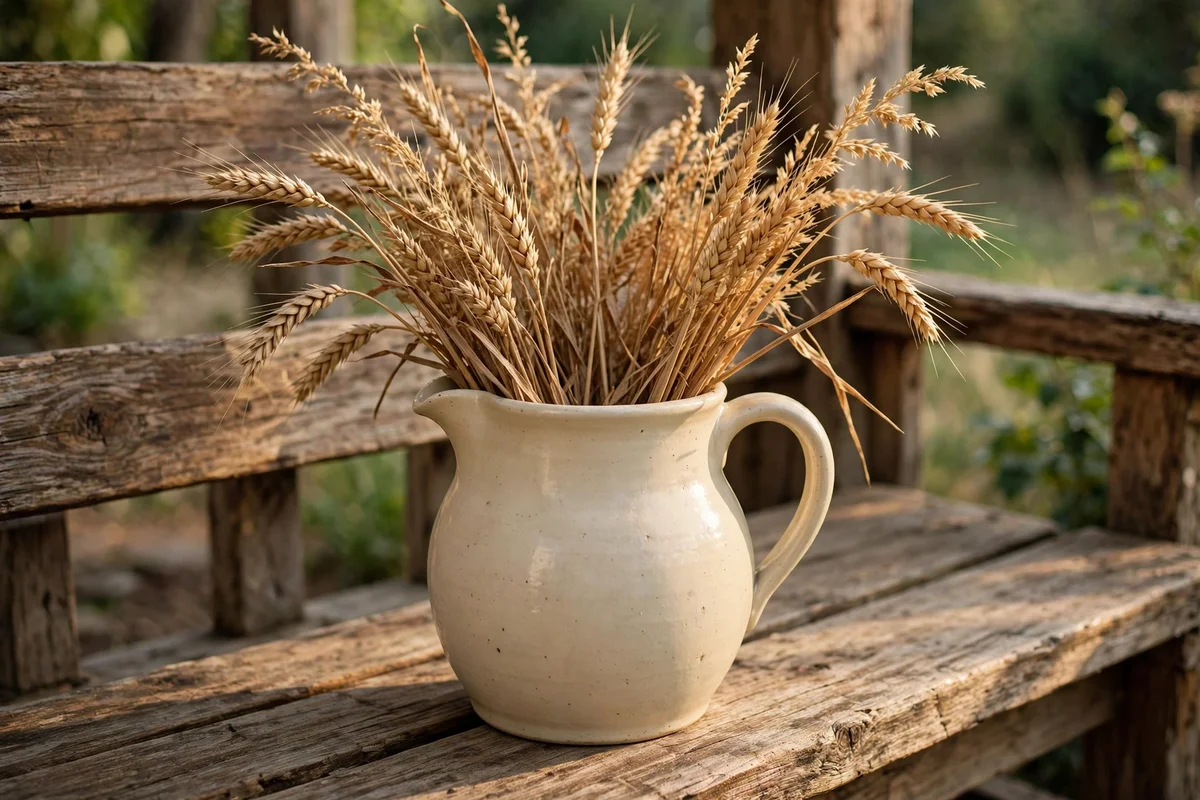 Ceramic pitcher with dried wheat stems on the porch bench