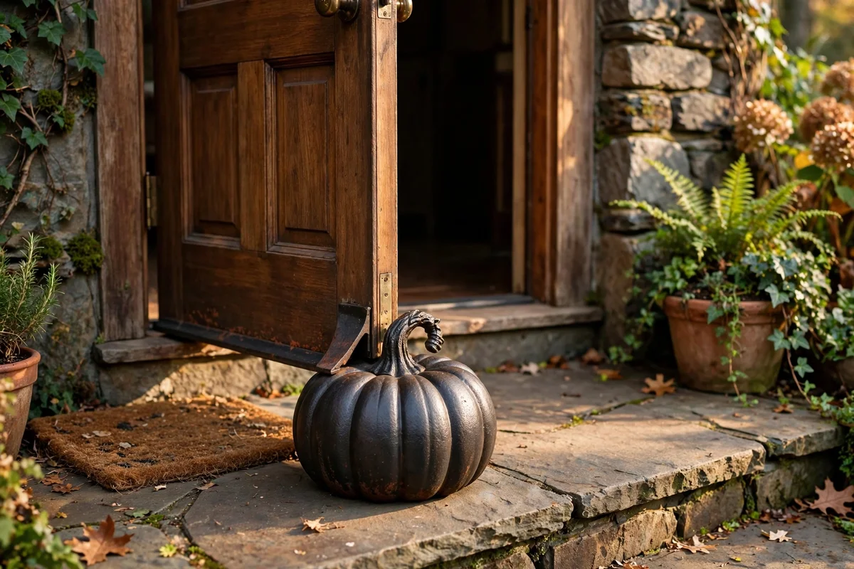 Cast iron pumpkin doorstop beside the front door