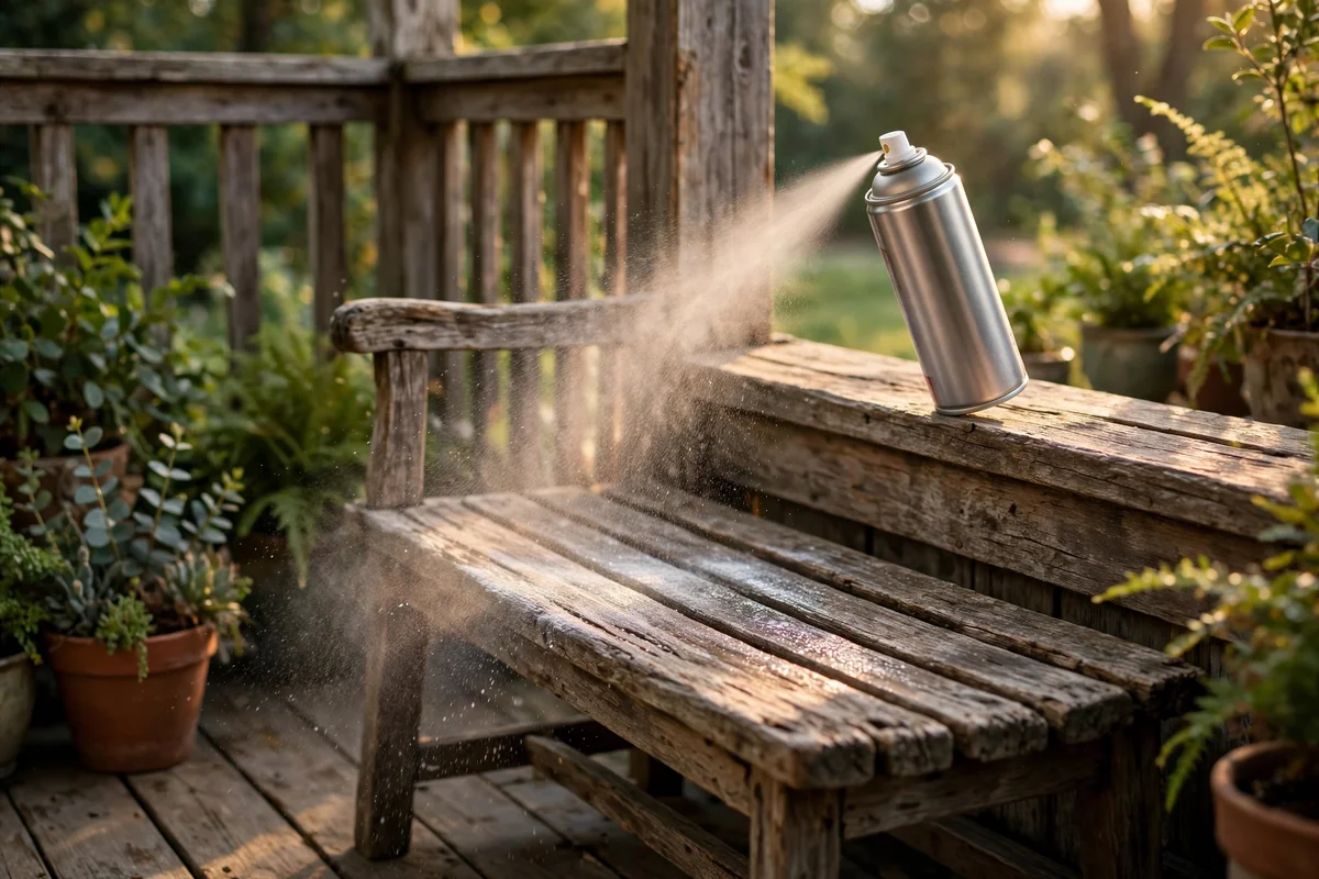 Weatherproof spray being applied to a wooden porch bench