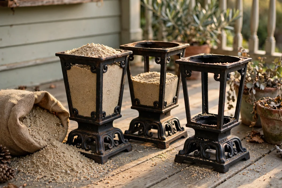 Sand-filled iron bases anchoring porch lanterns