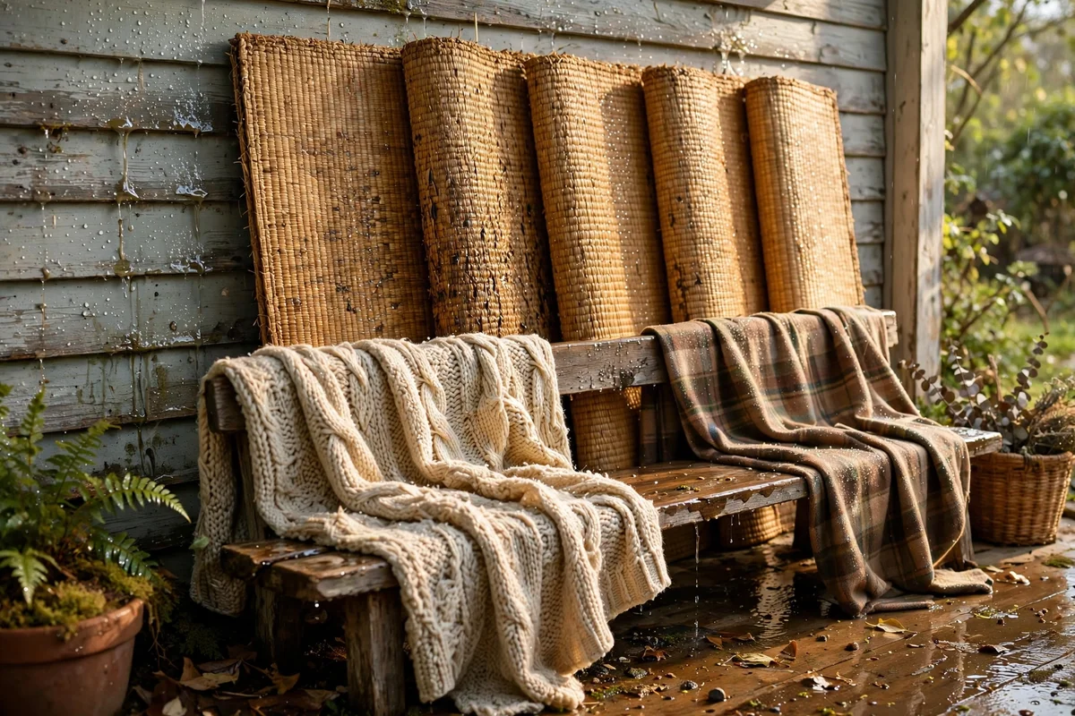 Straw mats airing upright against the porch wall after rain