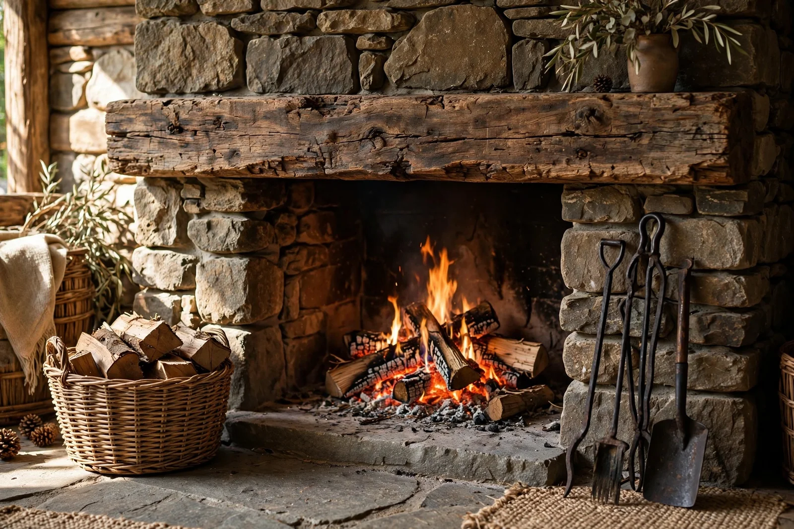 Rustic stone fireplace with reclaimed timber beam mantel and glowing fire