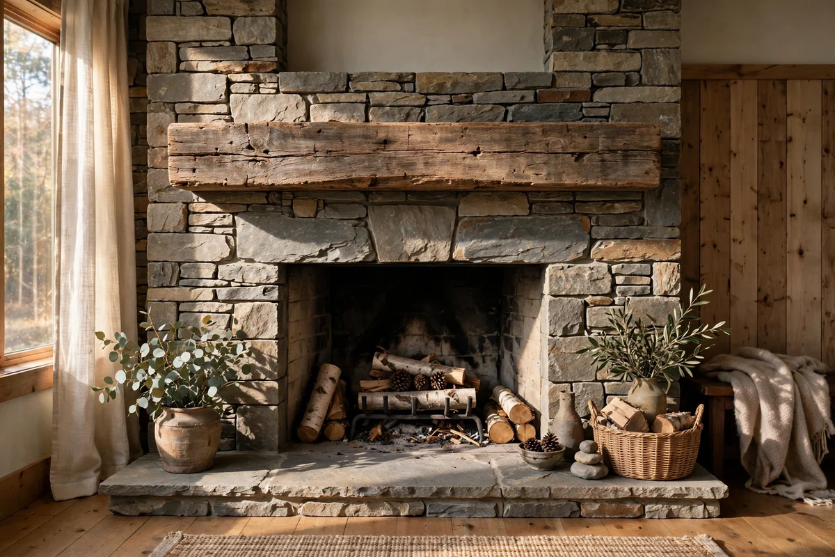 Mount a Reclaimed Timber Beam Mantel Above the Firebox