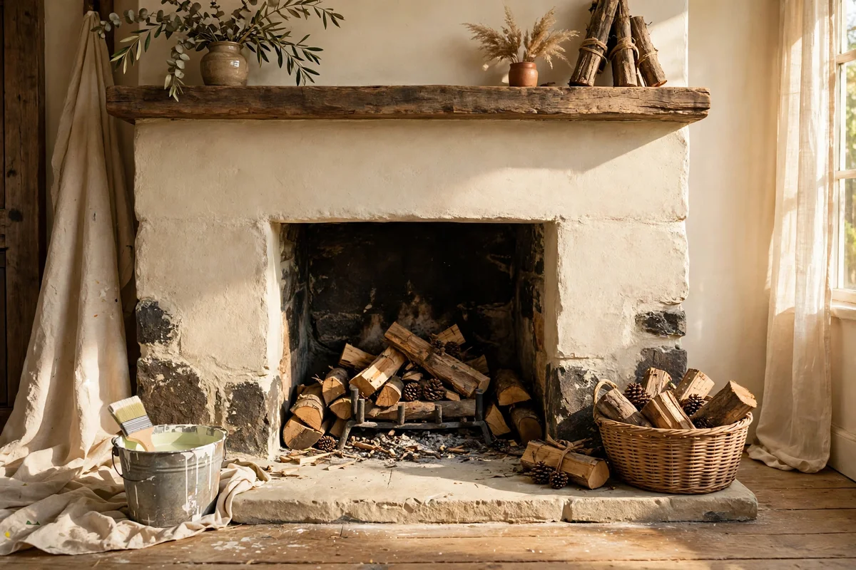 Limewash a Dark Stone Fireplace for a Softer Rustic Face