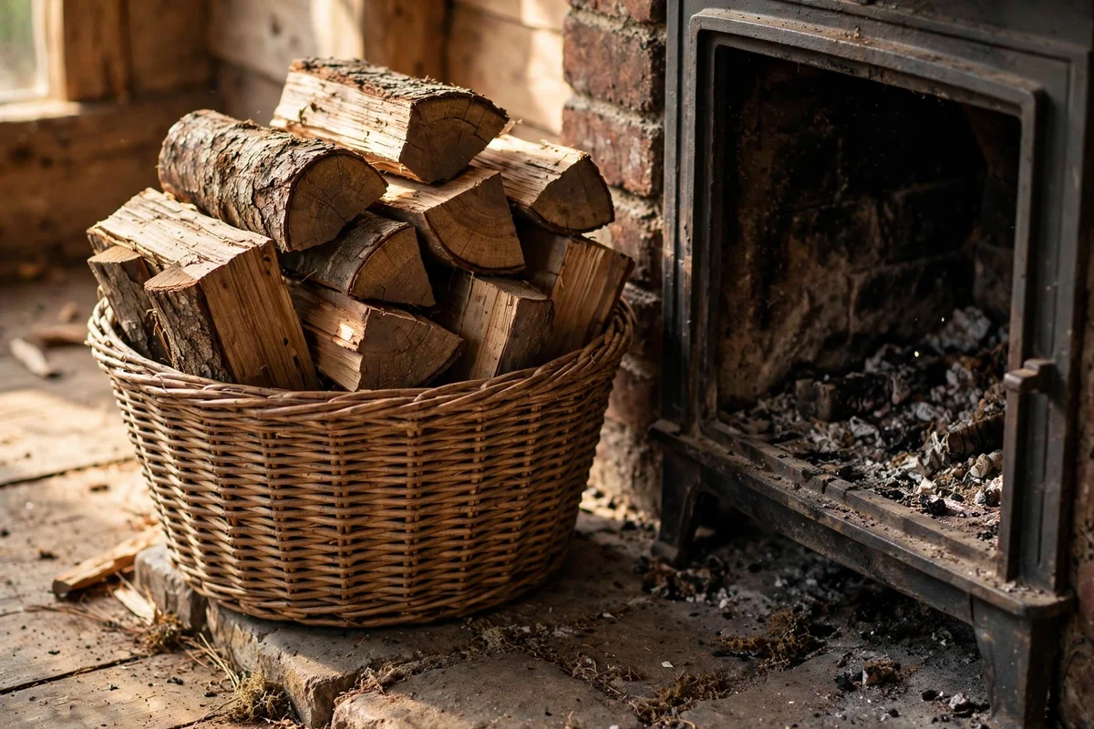 Stack Logs in a Plain Woven Basket Beside the Firebox