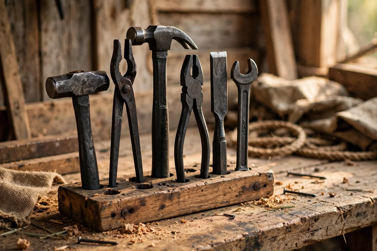 Stand a Set of Blackened Iron Tools Within Easy Reach