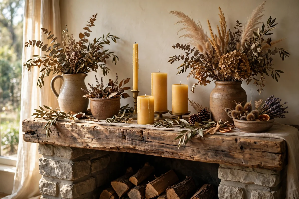 Style the Mantel With Stoneware, Beeswax Candles and Dried Foliage