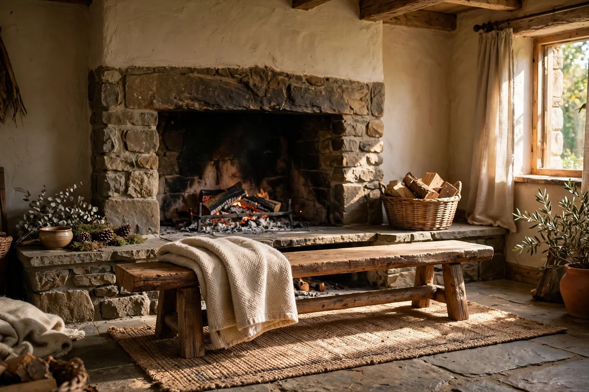 Set a Low Timber Bench Across the Hearth as Quiet Seating