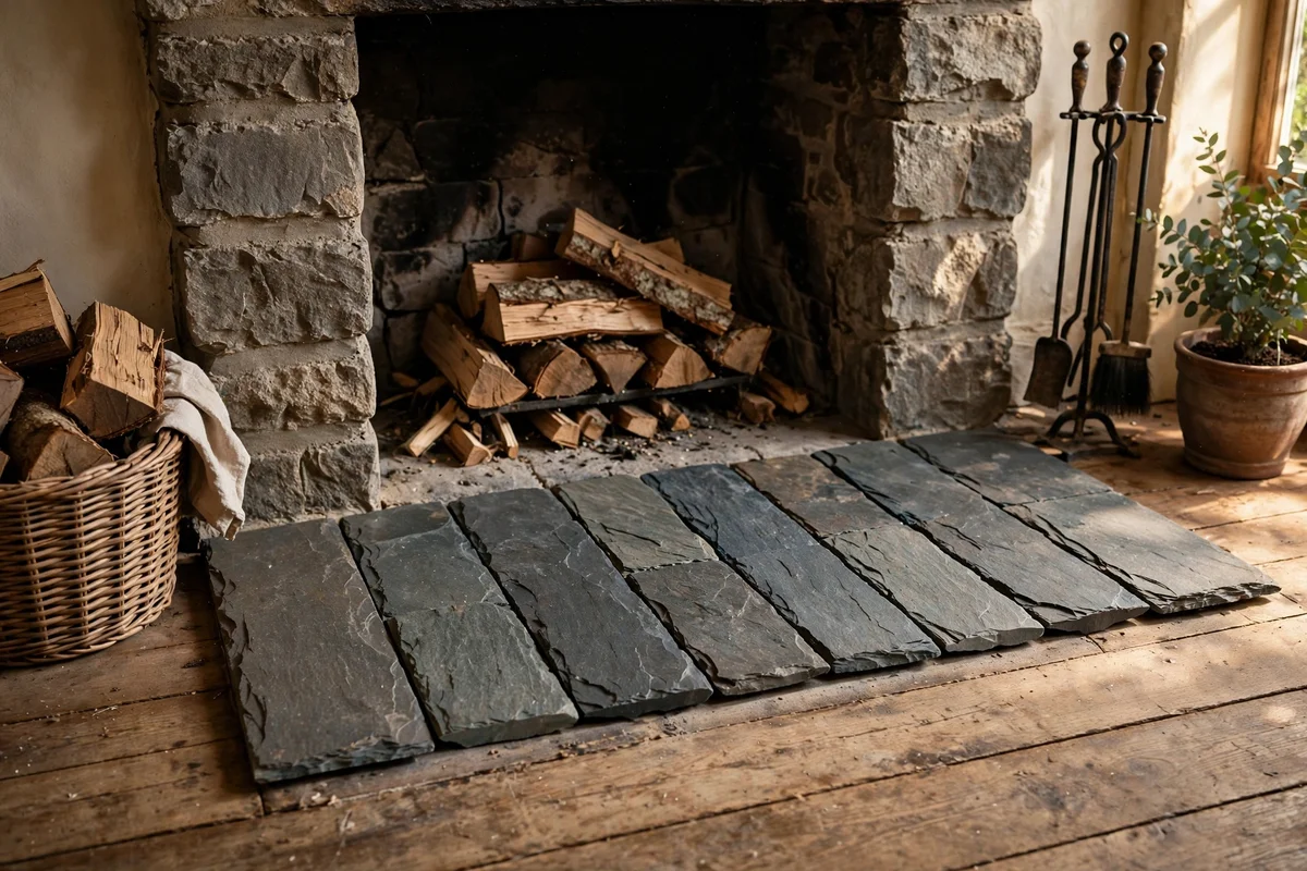 Lay Rough-Cut Slate Slabs as a Slim Hearth Apron