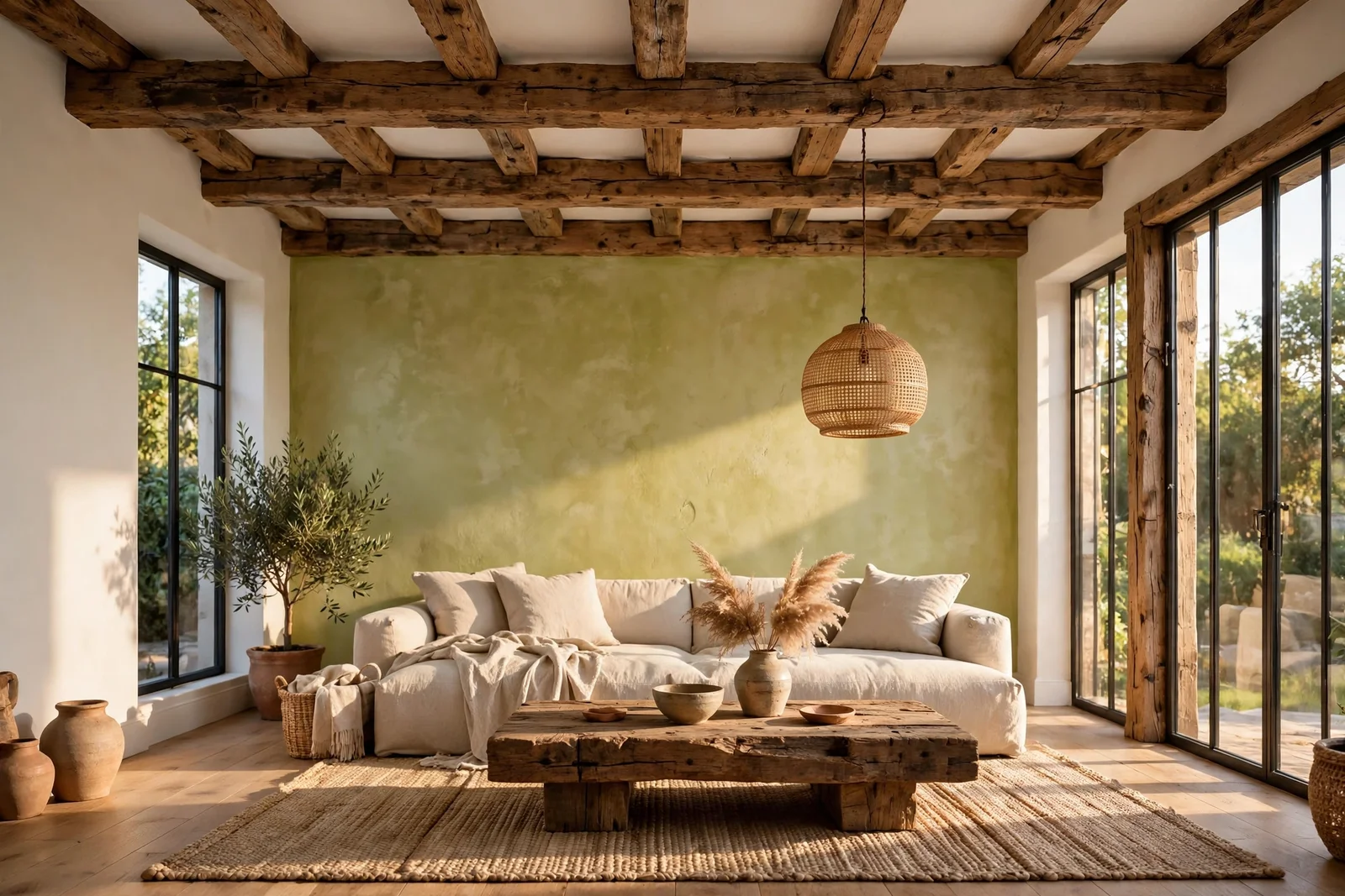 Rustic modern living room with reclaimed oak beams, a linen sofa and a limewashed wall in warm light