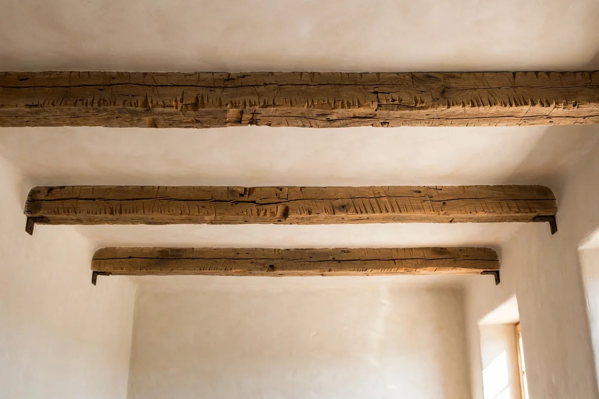 Reclaimed oak beams spanning a warm white living room ceiling