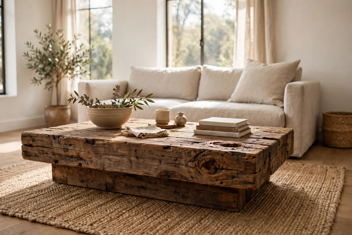 Thick reclaimed wood coffee table with visible grain in a bright living room