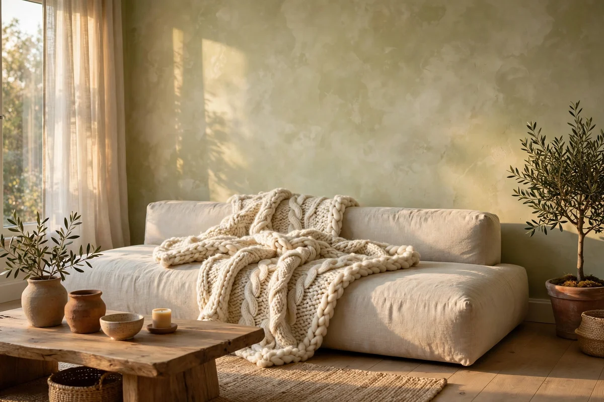 Modern linen sofa against a softly clouded limewashed wall