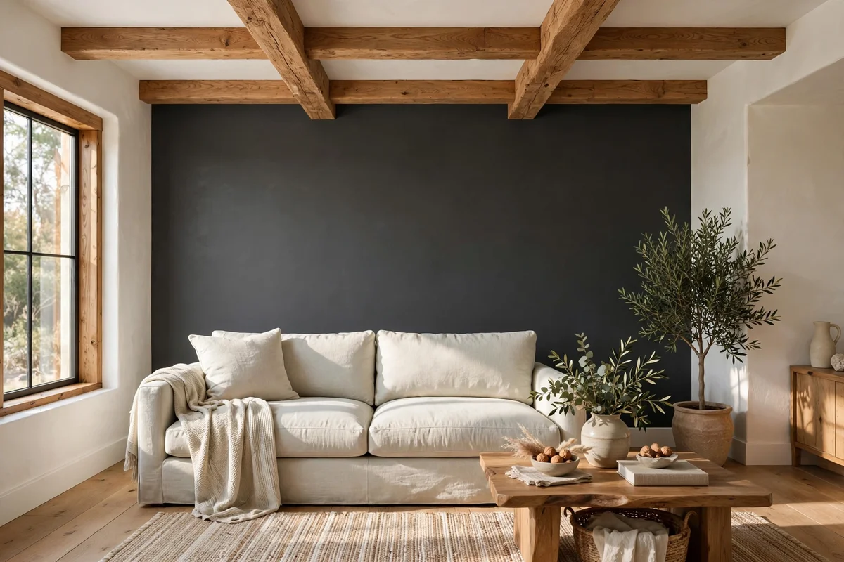 Single charcoal accent wall behind a pale linen sofa
