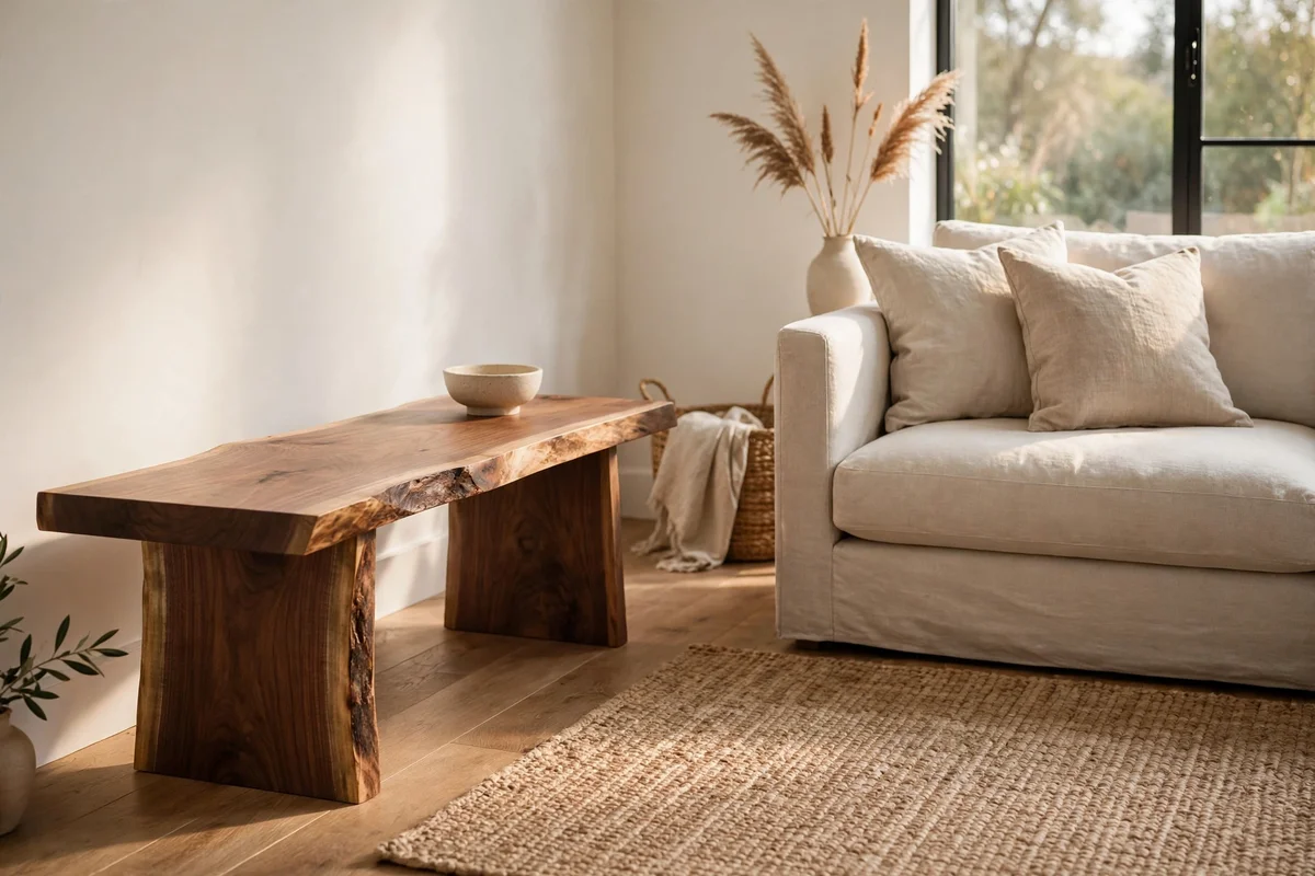 Live-edge timber bench beside a clean modern sofa