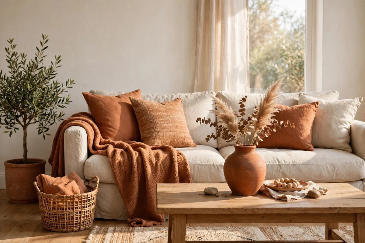 Warm white walls with clay-toned cushions and textiles