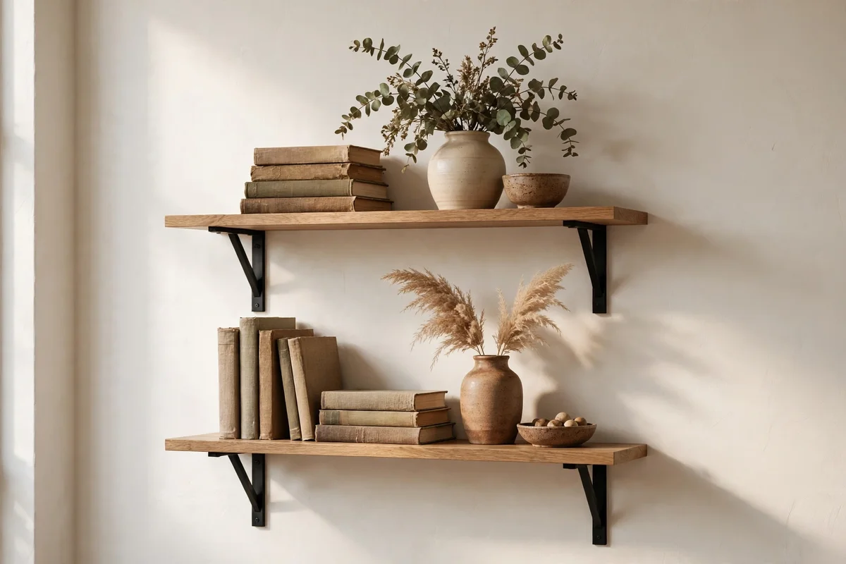 Slim oak shelves on black metal brackets on one wall