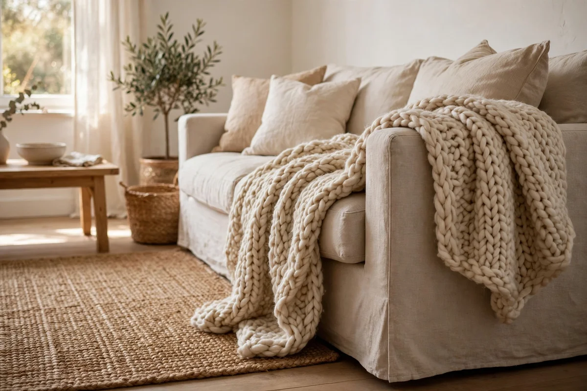 Chunky wool throw and woven jute rug softening a living room