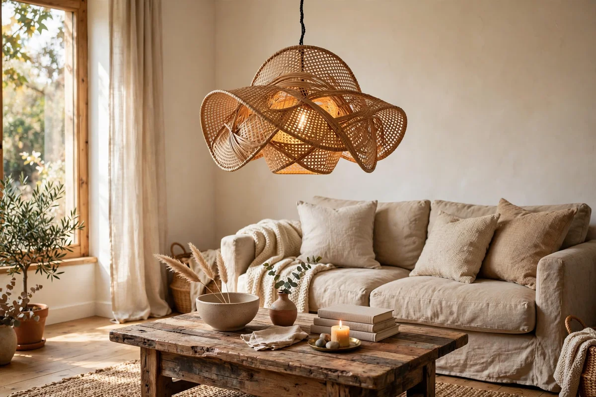 Woven cane pendant light over a reclaimed wood coffee table