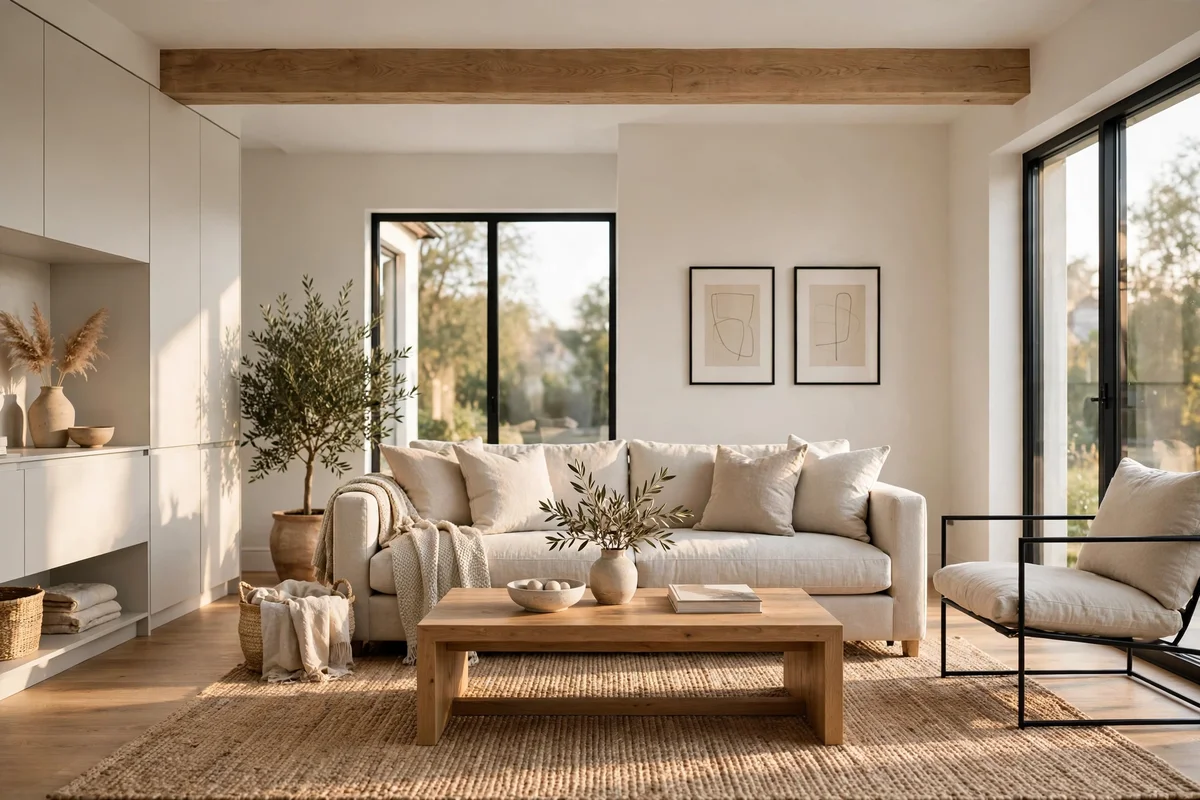Balanced rustic modern living room with mostly clean modern lines
