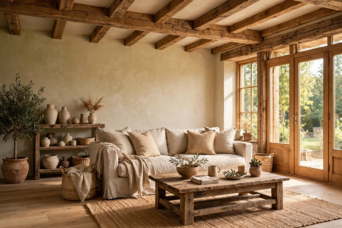 Complete rustic modern living room with beams, sofa and rug