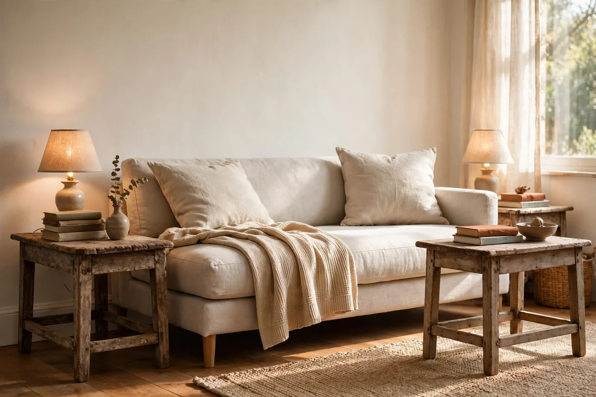 Two low aged timber side tables flanking a linen sofa