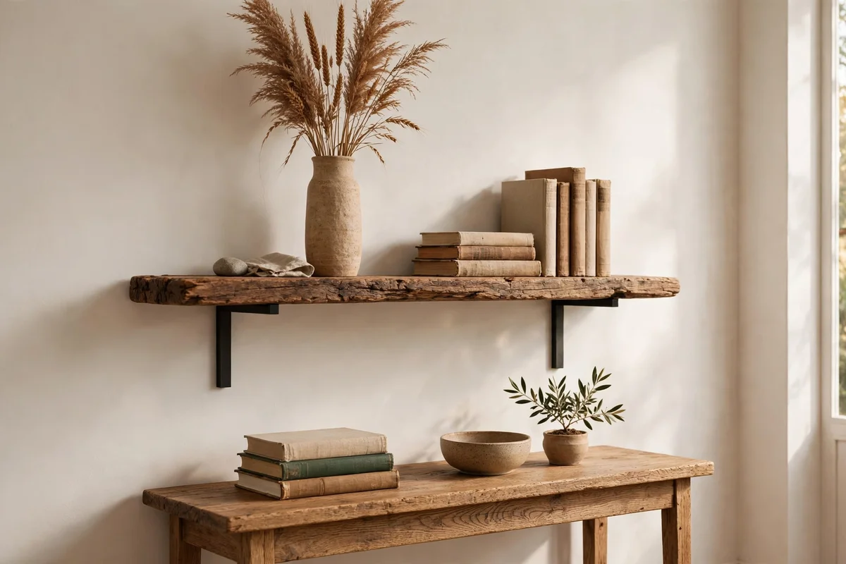 Aged oak slab shelf styled with a vase and books