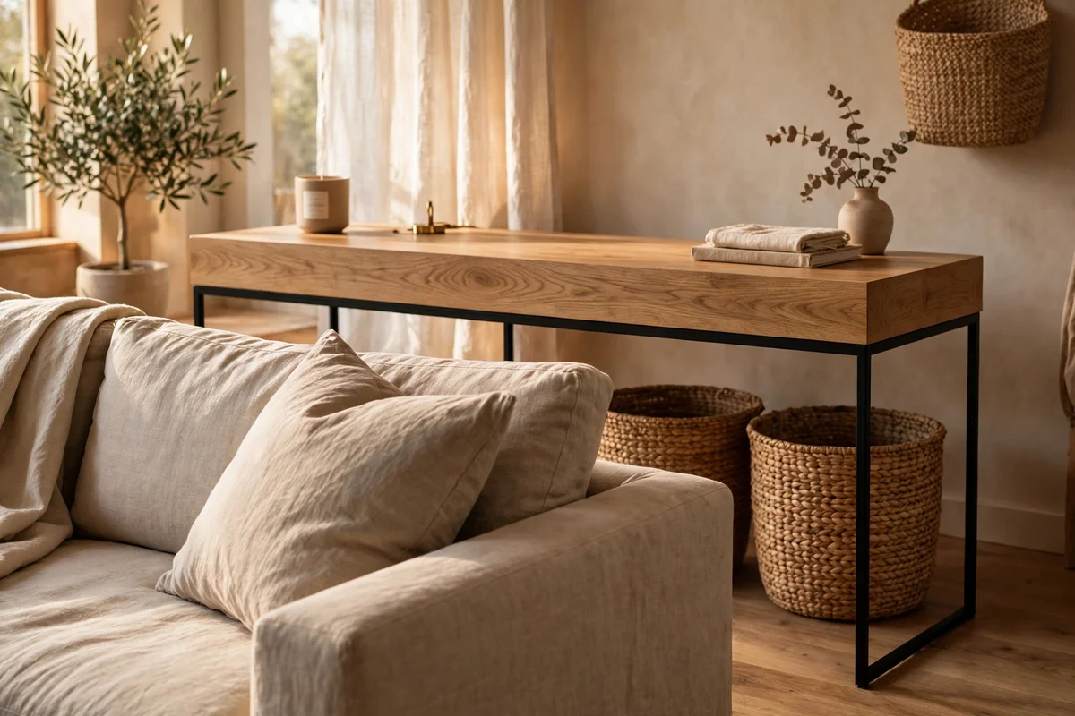 Modern console with slim black metal legs behind a sofa